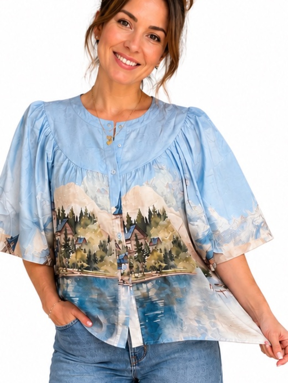 Light Blue Scenic Print Button-Down Blouse